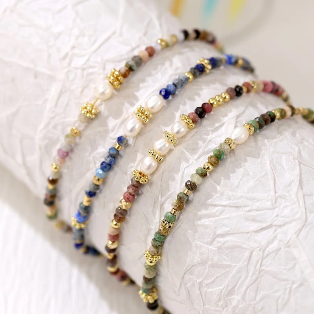 Delicate Handmade Gold Plated Brass Beads Bracelets Natural Freshwater Pearl Lapis Tourmaline Bracelets