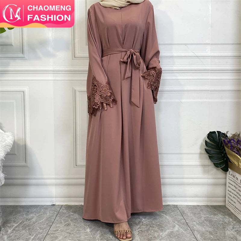 6659# Modern Dubai Lace Cuff Nida Abaya Front Zipper Solid Color Long Sleeve Modest Muslim Dress