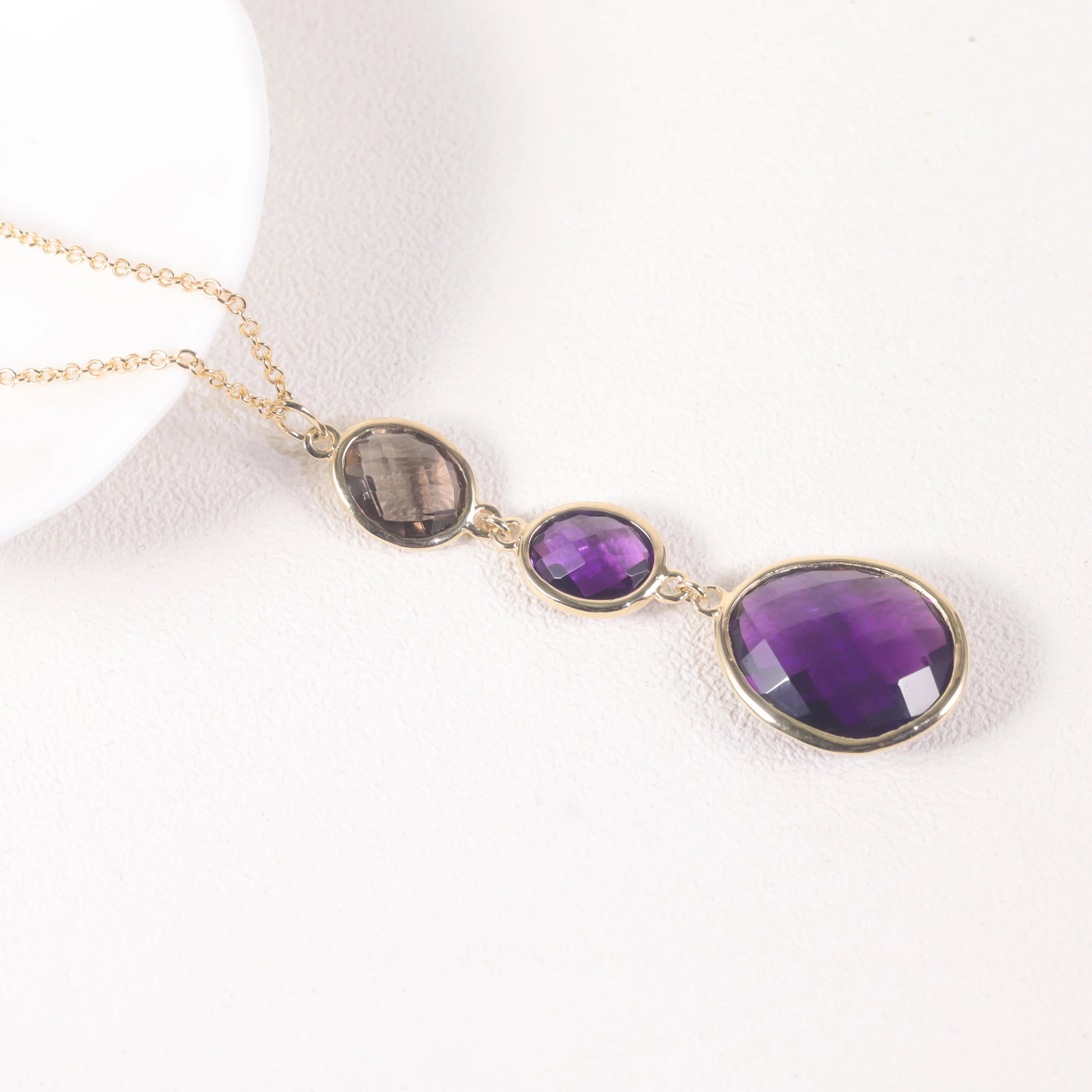 Custom Multi-layer Natural Amethyst Smoky Quartz Gemstone Pendant S925 Silver Adjustable Long Chain Sweater Necklaces