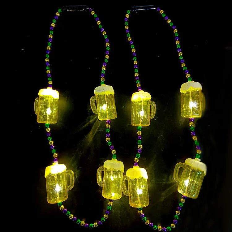LED Lighted Mardi Gras Bead Necklace 6 LEDs 80cm Battery Powered Indoor Use Thanksgiving Carnival Valentine's Day Graduation