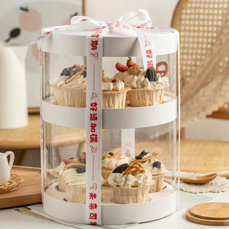 Wholesale Round Birthday Cupcake Packaging Box Flowers Pastry Dessert Double Layer Transparent Cupcake Box Packaging Box