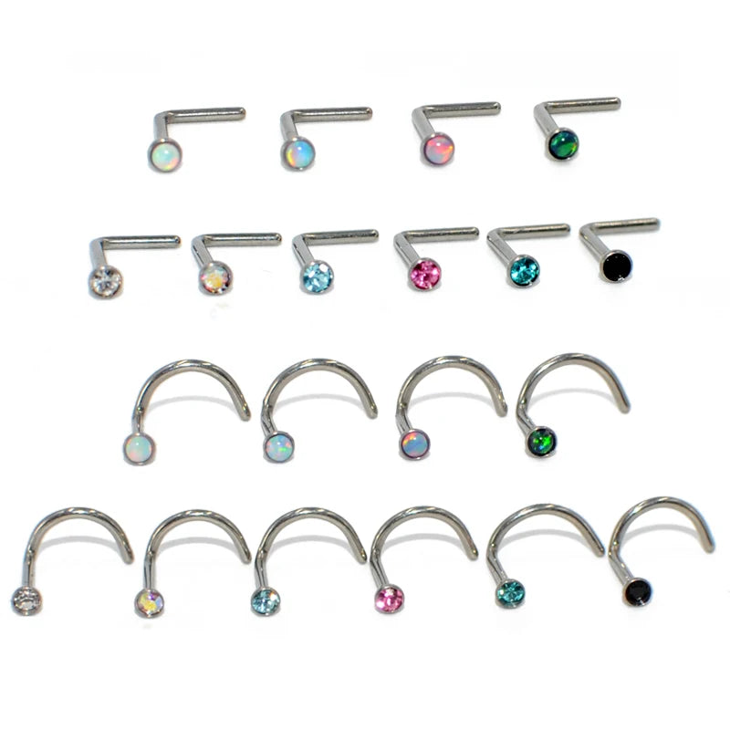 G23 Titanium Opal CZ Gem Screw Nose Stud Piercing L Shape Nose Bone Ring Pin Stud Ring Fashion Body Piercing Jewelry Wholesale