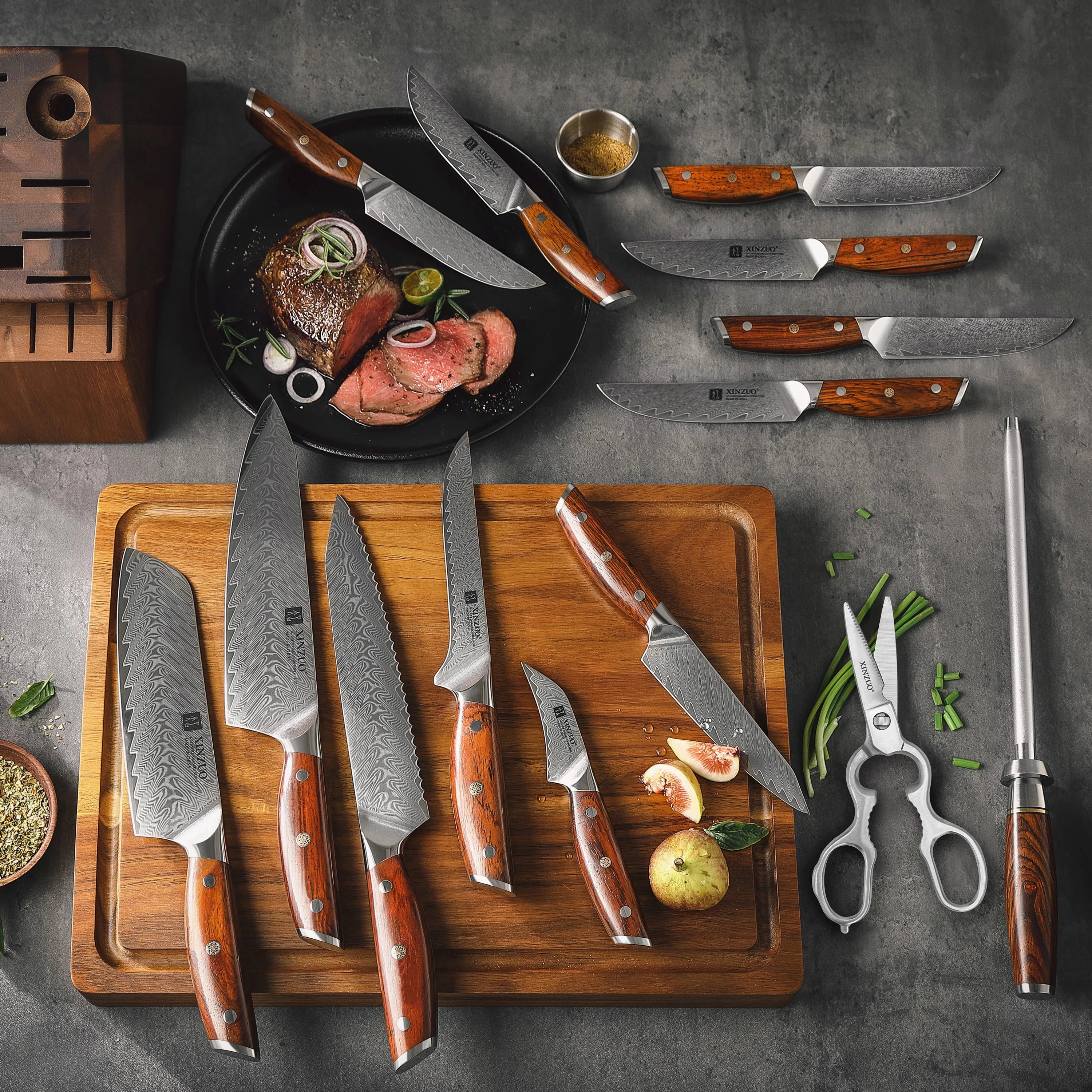 15 PCS Knife Set High Carbon Damascus Steel Professional Kitchen Sharp Knives With Wooden Block Cutlery Accessories Custom Gift