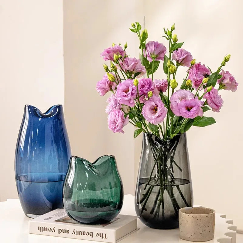 High-End Blue Glass Vase for Wedding Large Transparent Flower Dried Flowers Luxury Horse Drunk Wood Green Plant for Living Room