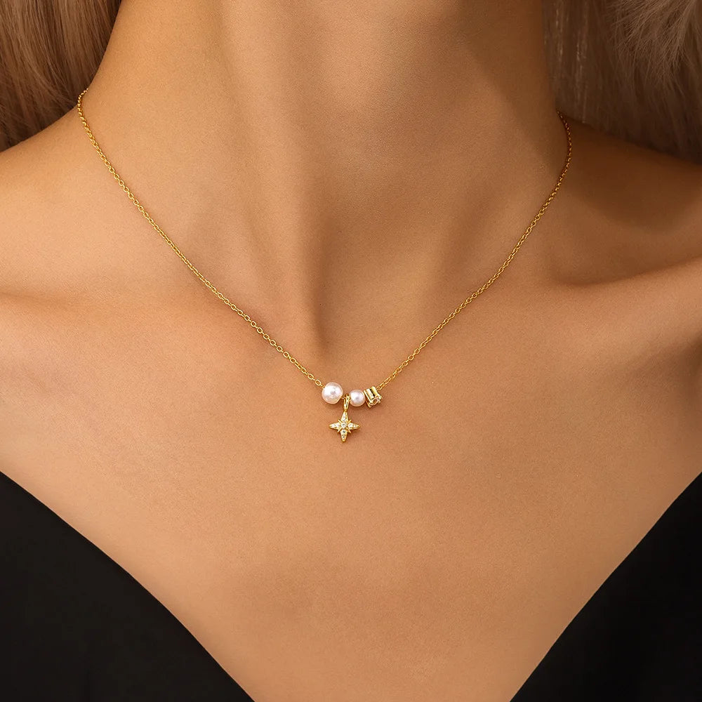 Wholesale 925 Sterling Silver Star Zircon and Pearl Pendant Necklace Jewelry for Women 925 Silver Collarbone Chain Necklace