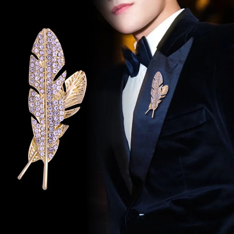 European and American Fashion and Elegant Full Diamond Corsage Classic Mens Alloy Hollow Feather Brooch