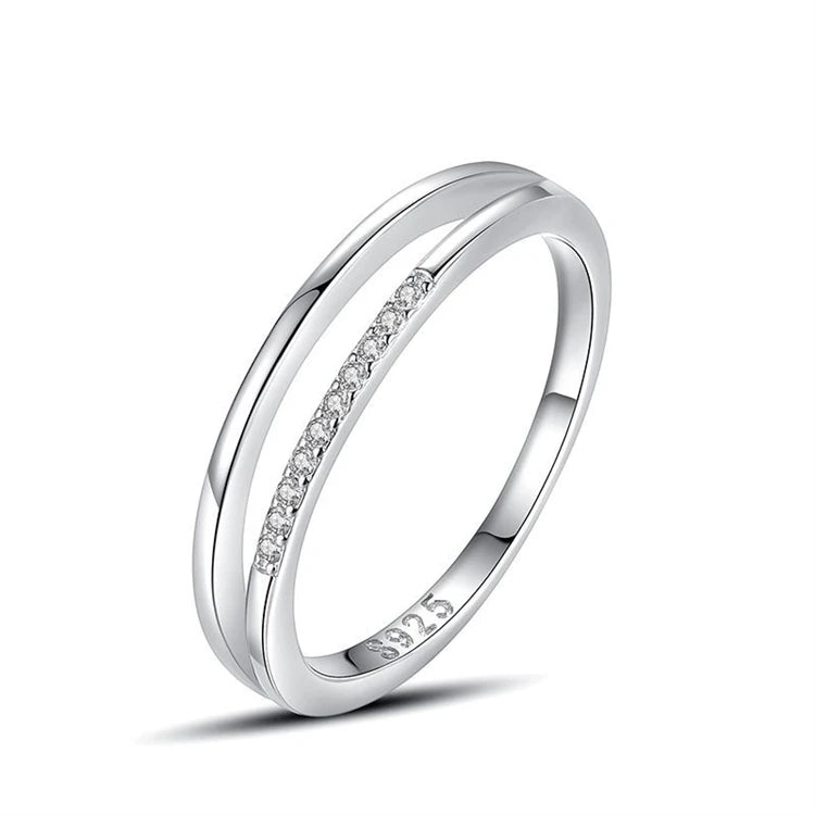 Trendy 925 Sterling Silver Double Layers Lines CZ Diamond Women Simple Fashion Zircon Stacked Finger Ring