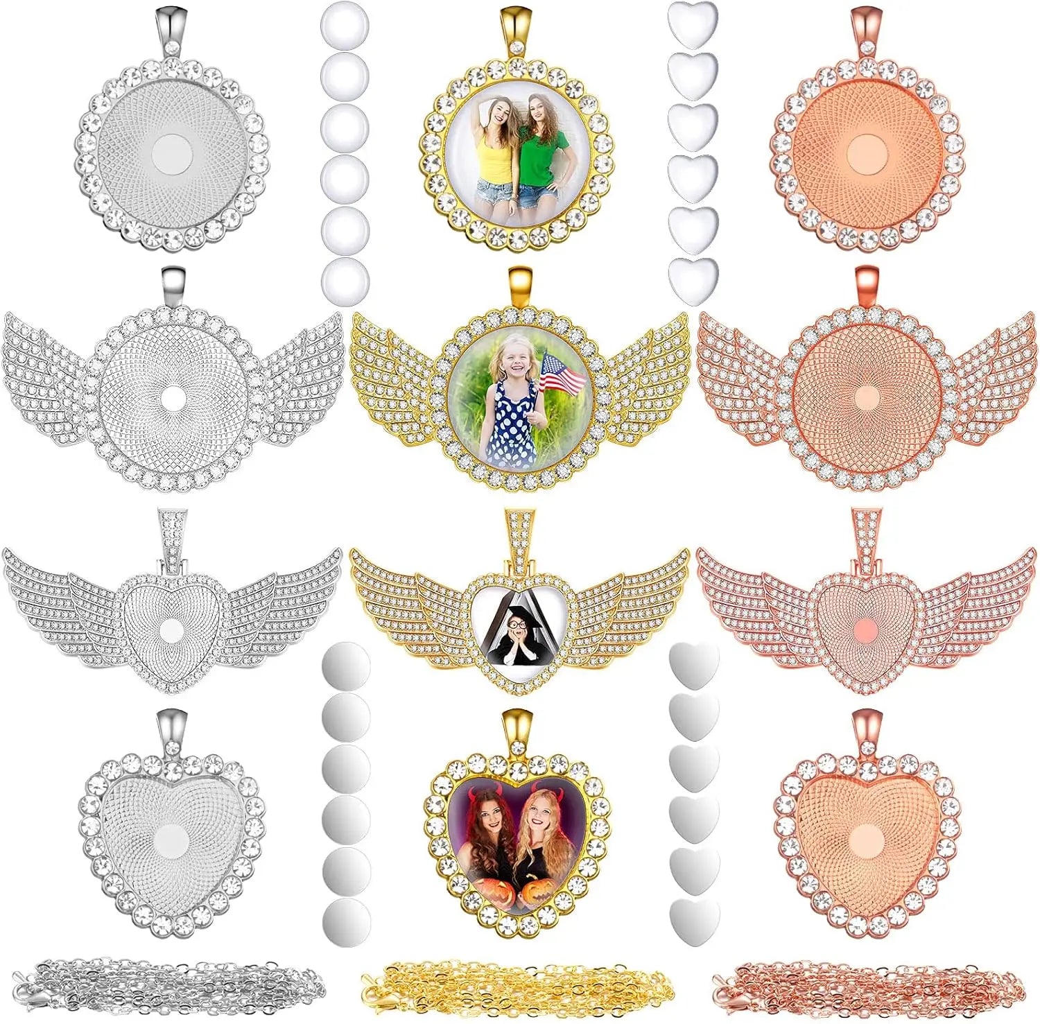 Custom Jewelry Sublimation Blank Heart Angel Wing Hip Hop Necklace Photo Frame With Chains for Men Women