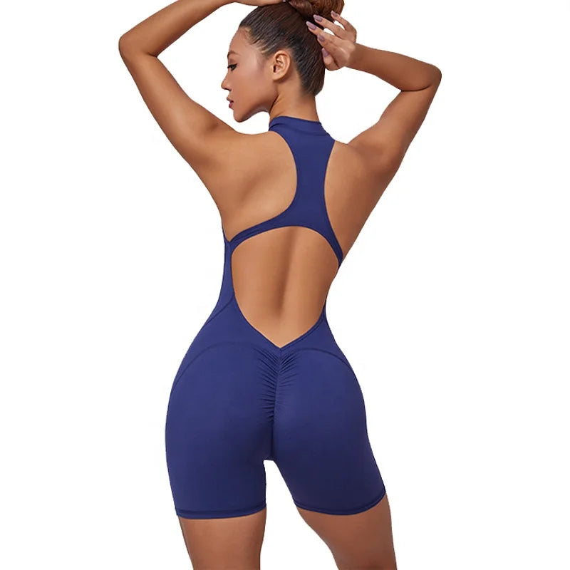 Women's Lightweight Yoga Romper With Front Zipper Soft Elastic Compression Scrunch Bodysuit Sports Jumpsuit