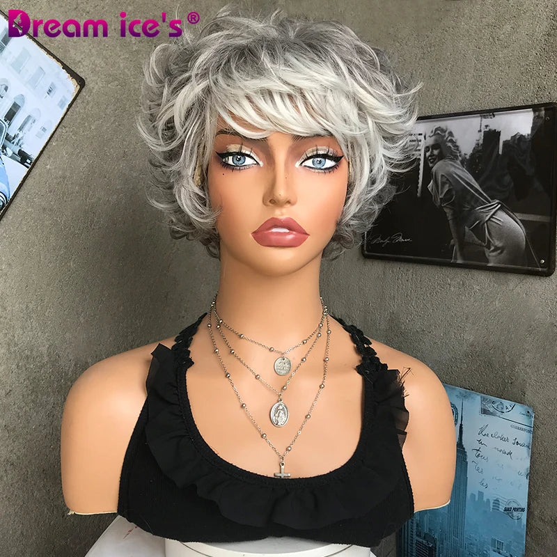 Whole Sale Cheap Lovely Ladies Hair Wigs Sale Online Sewing Machine Synthetic Short Water Wave Curly Wigs With Bangs for Women