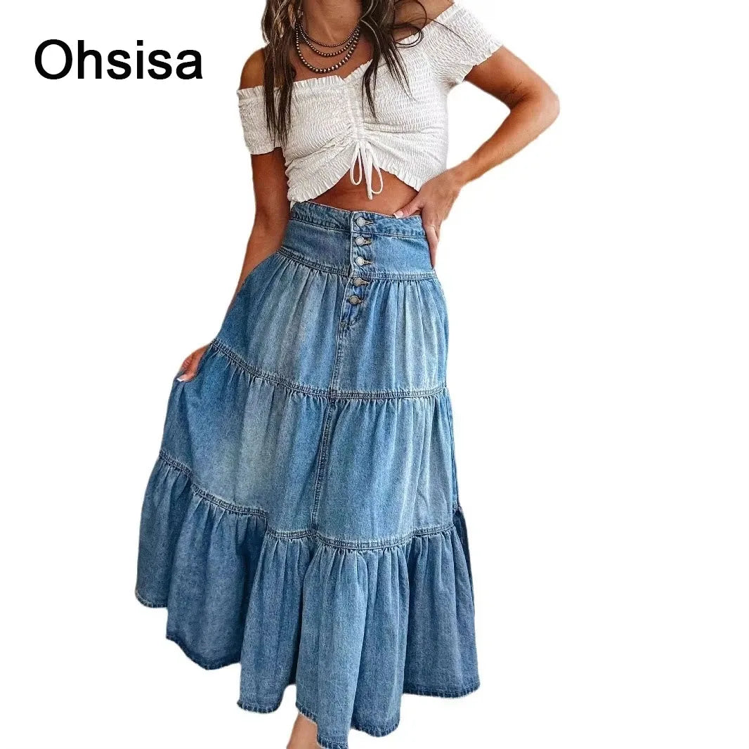 Ohsisa 2025 Casual Summer New Bohemian European and American Layered Cake Style Plain Dyed Denim Skirt