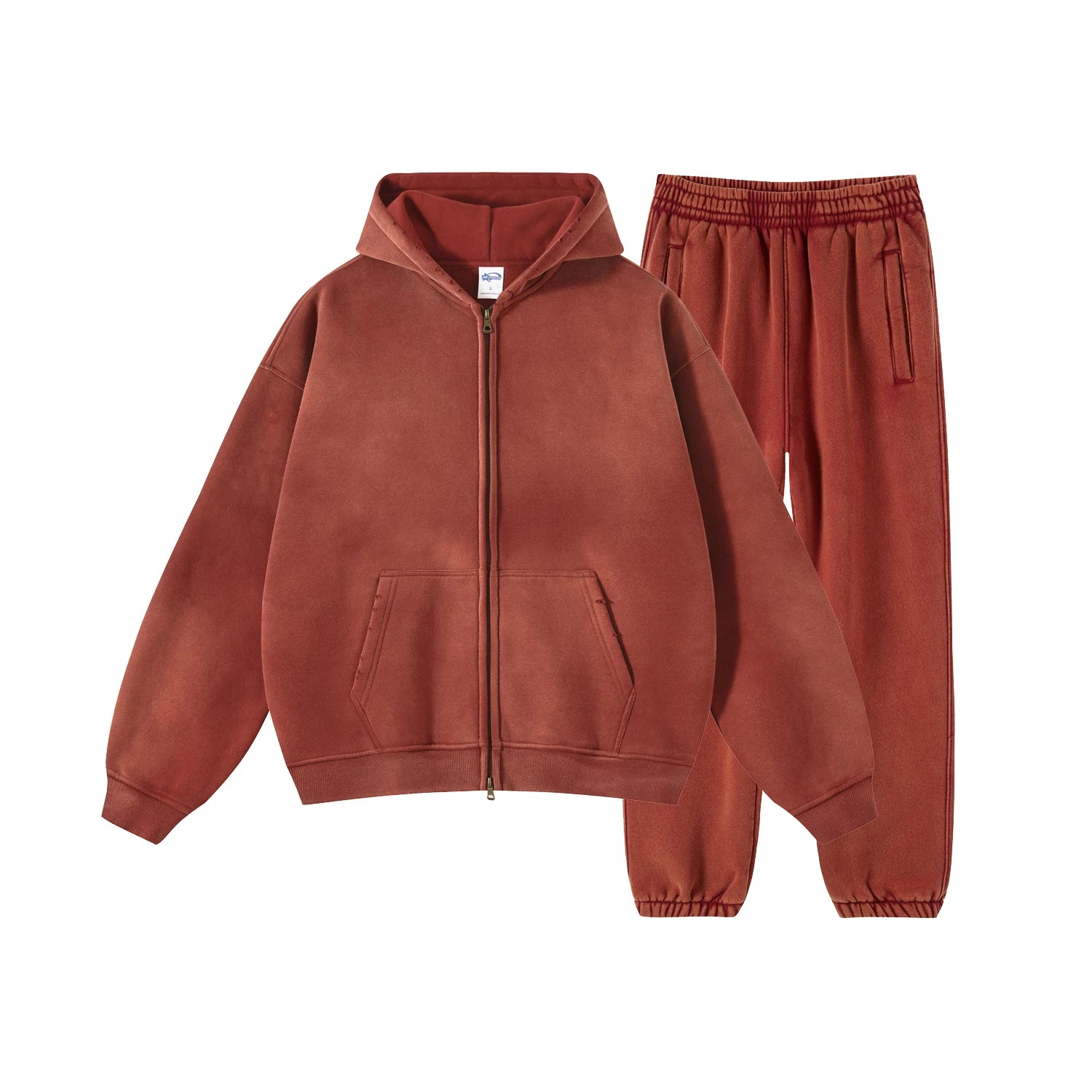 Factory Custom Wholesale Unisex Acid Wash Tracksuit Fleece Sweatpants and Hoodie Set Distressed Vintage Zipper Hoodie