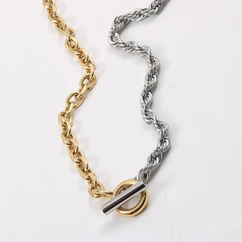 Stainless Steel Mixed Color Splicing Twisted Link Chain Necklace with 18K Gold-Plated OT Buckle Waterproof Non-Fading Jewelry