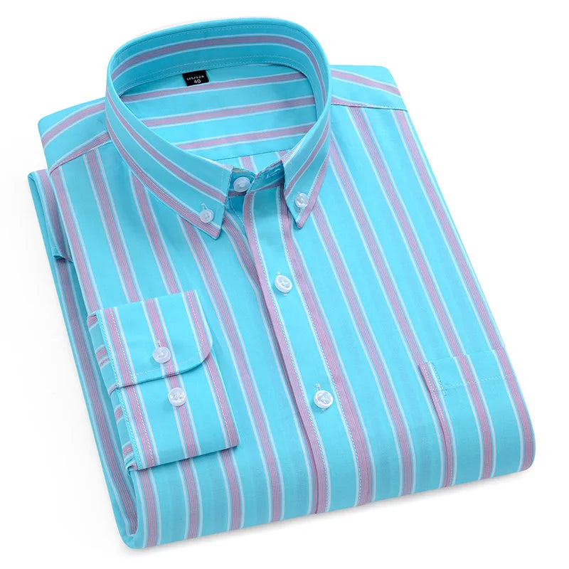 RNSHANGER New Men's Striped Long Sleeve Shirt 100% Cotton Spring Casual Thin Comfort Soft Buttoned Business Formal Dress Shirt