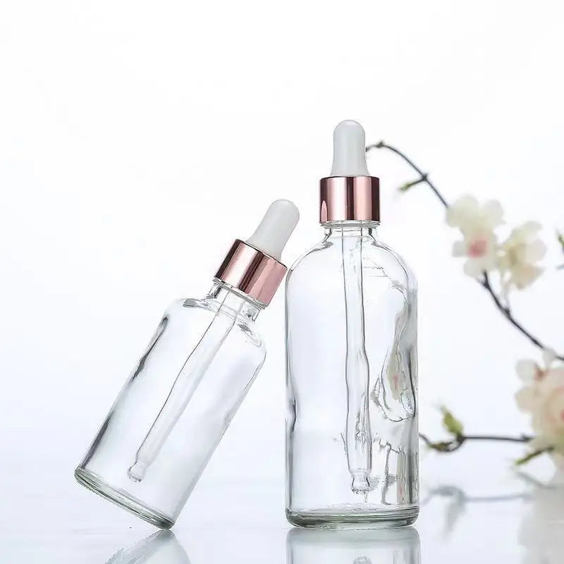 Empty Round 5ml 10ml 20ml 15ml 30ml 50ml 100ml 1 oz Rose Gold clear Cosmetic Essential Oil Serum Frosted Glass Dropper Bottle