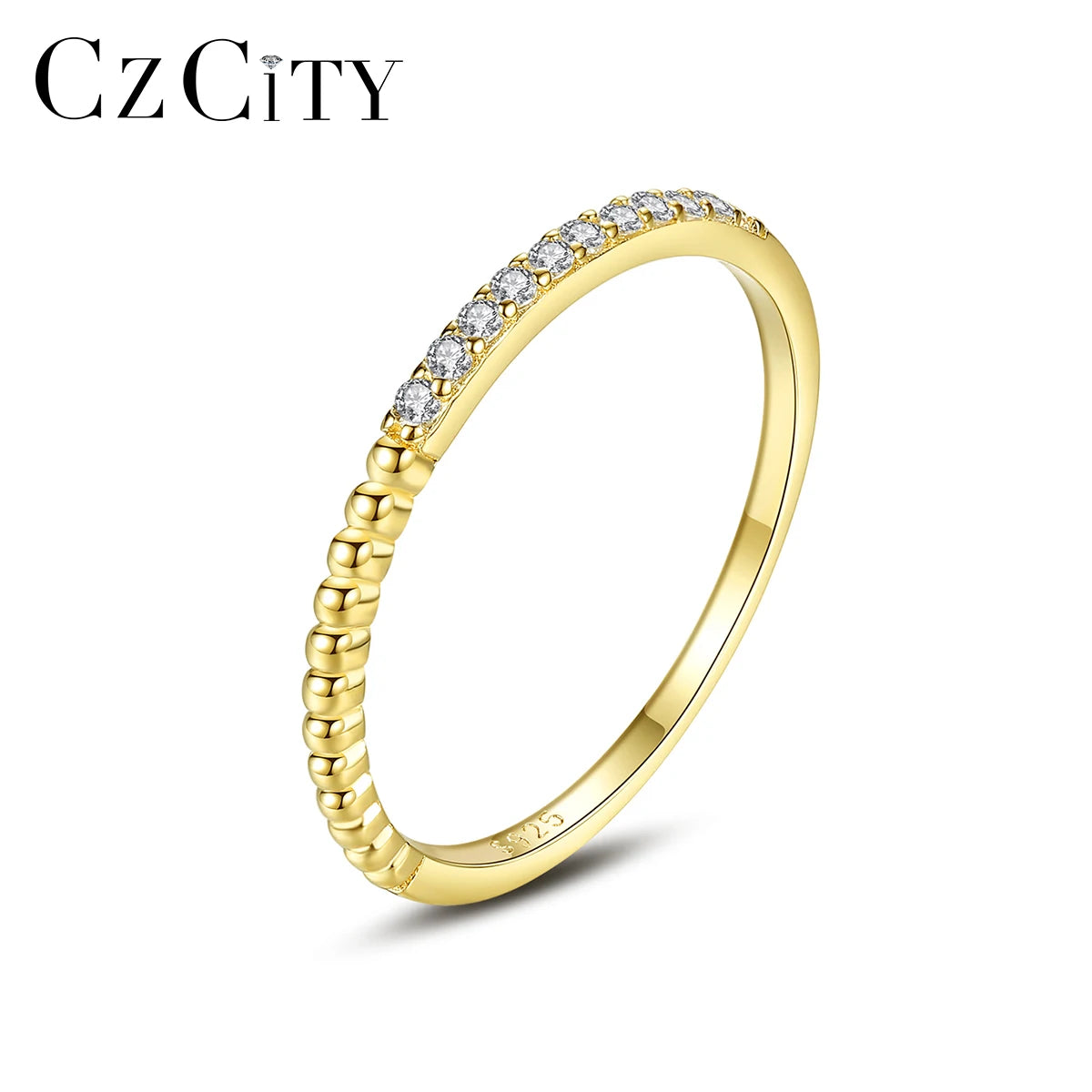 CZCITY Simple Fashionable Design Ring 925 Sterling Silver Jewelry Half CZ Micro Paving Wedding Band Eternity Rings for Women