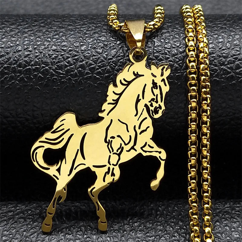 Wholesale Trendy Gold Stainless Steel Horse Pendant Necklace Man Animal Them Beads Hip Hop Style Lucky Horse Necklace Collar