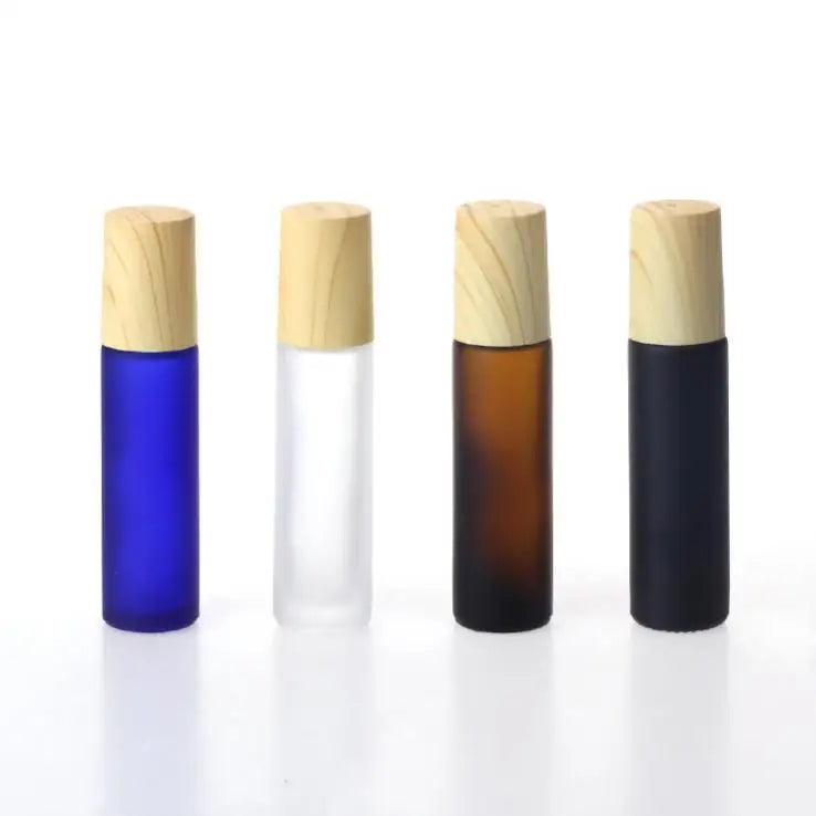 Matte Black 10ml Glass Roll on Bottle With Wood Grain Cap and Steel Roller Perfume/essential Oil Bottle