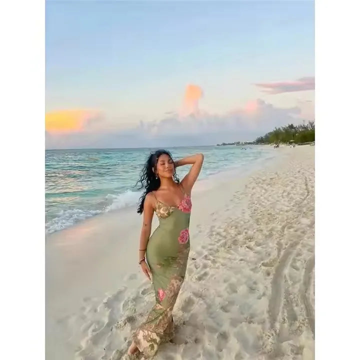 2025 Summer Chic Female Beach Party Club Robe Women Fashion V-neck Slim Maxi Dresses Sleeveless Floral Print Suspender Dress