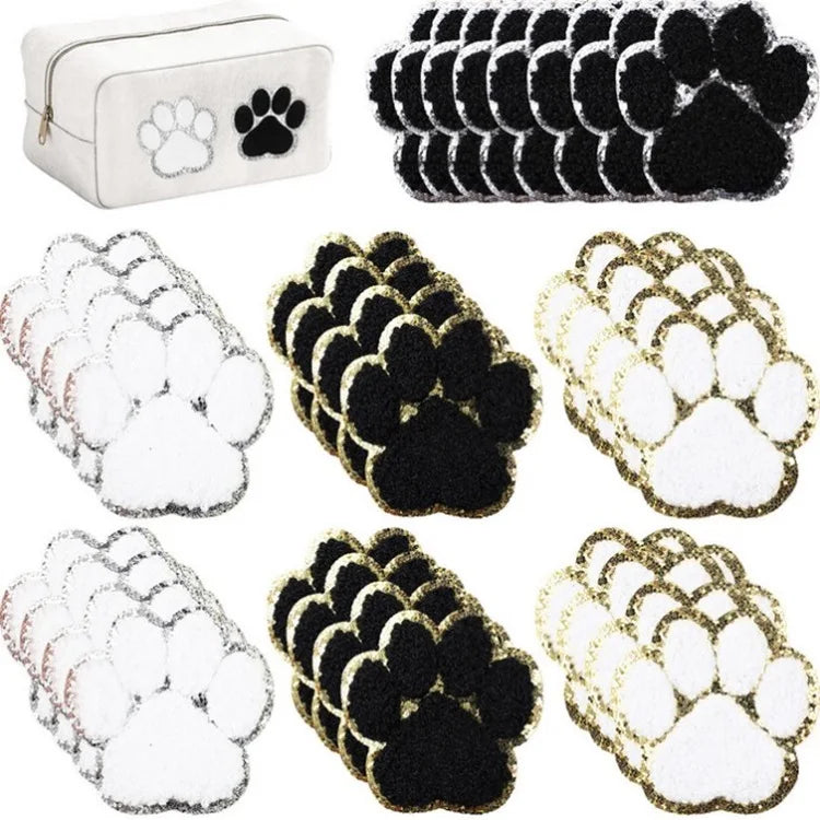 6cm Golden Silver Gillter Embroidery Iron on Self-Adhesive Chenille Paw Patches for DIY Bag Clothing Accessories