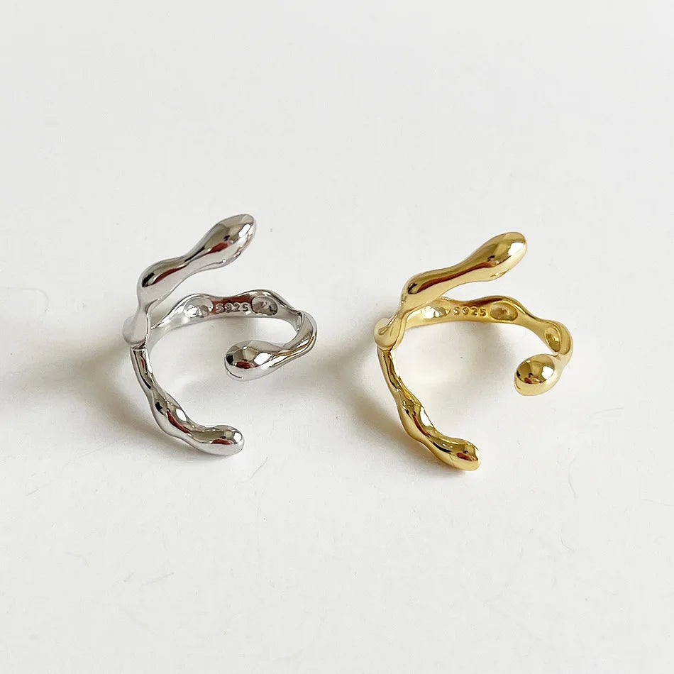 Personalized 925 Sterling Silver Irregular Adjustable Rings Real Gold Plated C Shaped Open Ring for Girls
