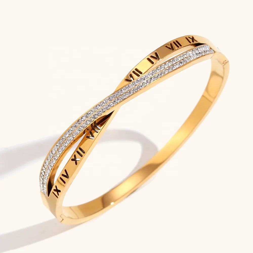 Ding Ran Drop Shipping Roman Numerals Inlaid Rhinestones 18K Gold Plated Stainless Steel Cross Bracelet for Woman