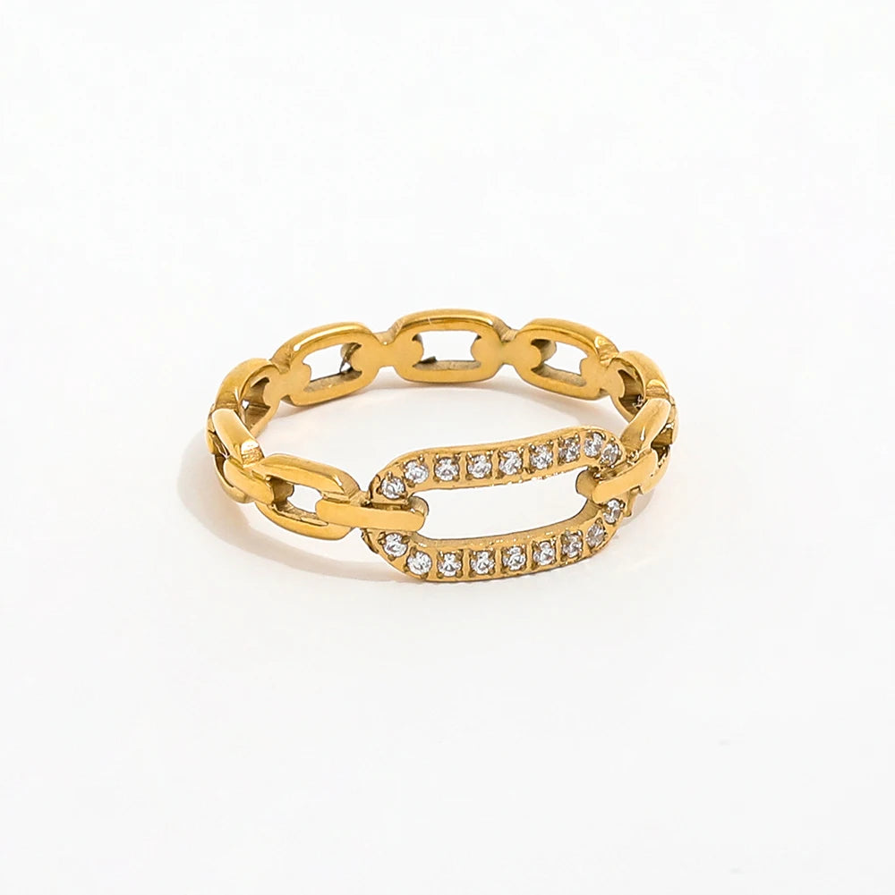 Fenny 18K Gold Plated Wholesale Chunky Hollow Link Chain Zirconia Pave Stainless Steel Finger Ring Trend for Women
