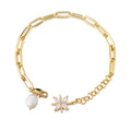 PEISHANG CZ Zircon Flower Charm Splicing Link Adjustable  Brass Bracelet 18K Gold Plated Shell Pearl Paper Clip Chain Bracelet