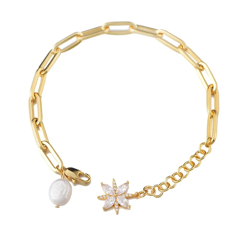 PEISHANG CZ Zircon Flower Charm Splicing Link Adjustable  Brass Bracelet 18K Gold Plated Shell Pearl Paper Clip Chain Bracelet