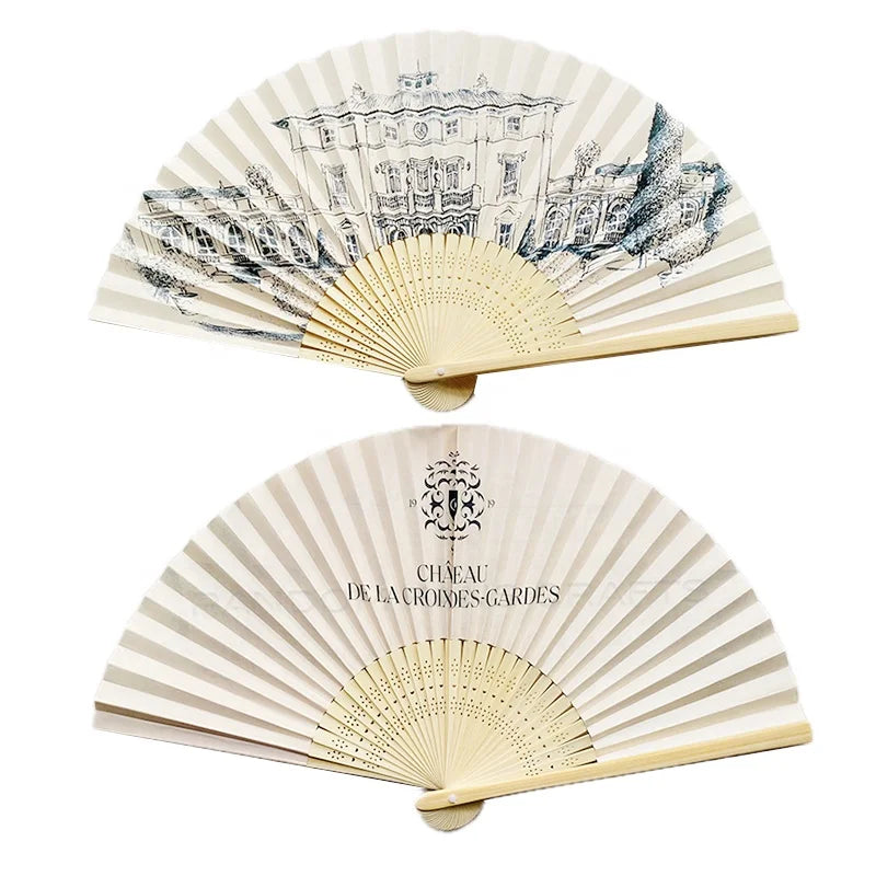 Wholesale Custom Logo Bamboo Folding Hand Fan Both Sided Printed Paper Craft Souvenirs