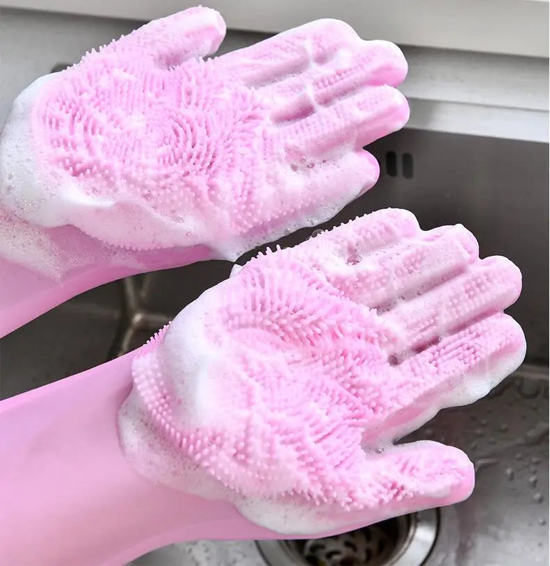 Food Grade Eco Friendly Non-Slip Insulation Silicone Reusable Dish Washing Gloves with Scrubber