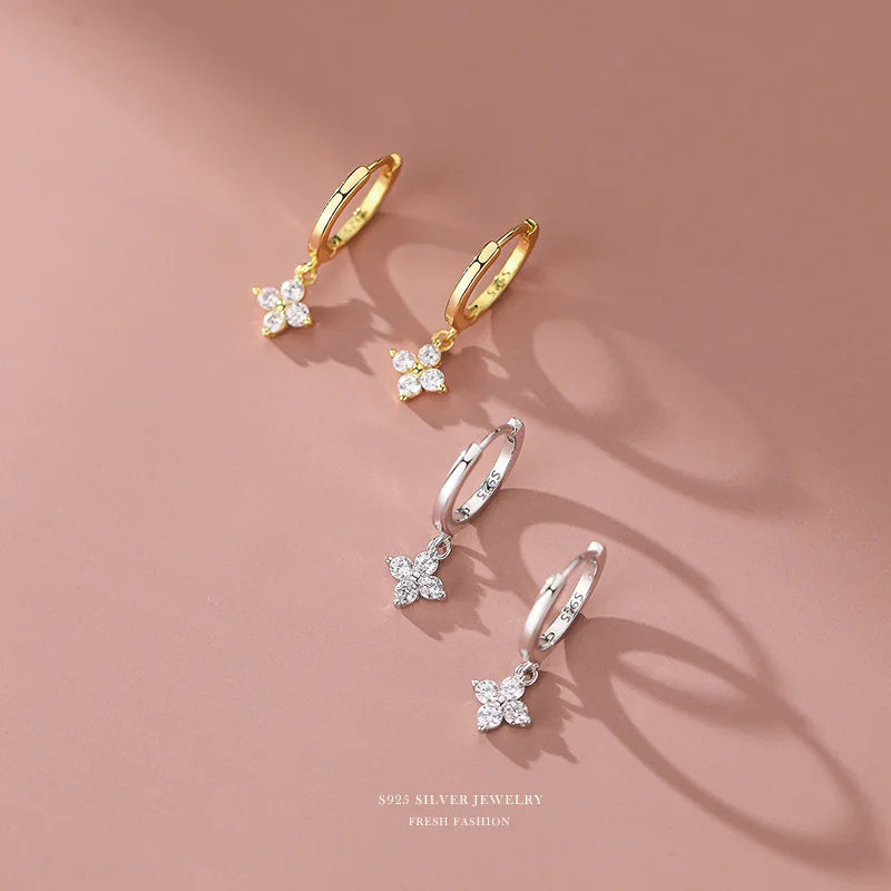 Classic Vintage Zircon 925 Sterling Silver Gold and Silver Plating for Gifts and Parties Four-Leaf Flower Earrings
