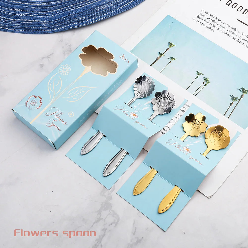Creative Stainless Steel Mini Sugar & Tea Spoon Flower Shape Coffee Stirrer with Mirror Polish Gift Box Included