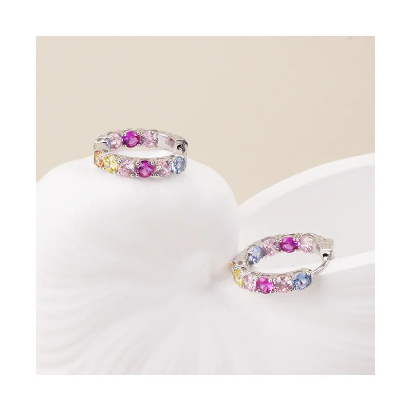 New Wholesale S925 Sterling Silver Diamond Rainbow Stud Earrings Zirconium Color Hoop Earrings with Colorful Stones