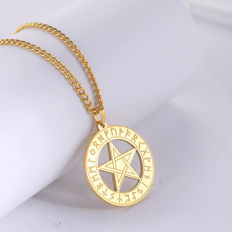 Supernatural Pentagram Runes Pagan Necklace Wiccan Pentacle Runes Patch Pendant Necklace Stainless Steel Men Jewelry Gift