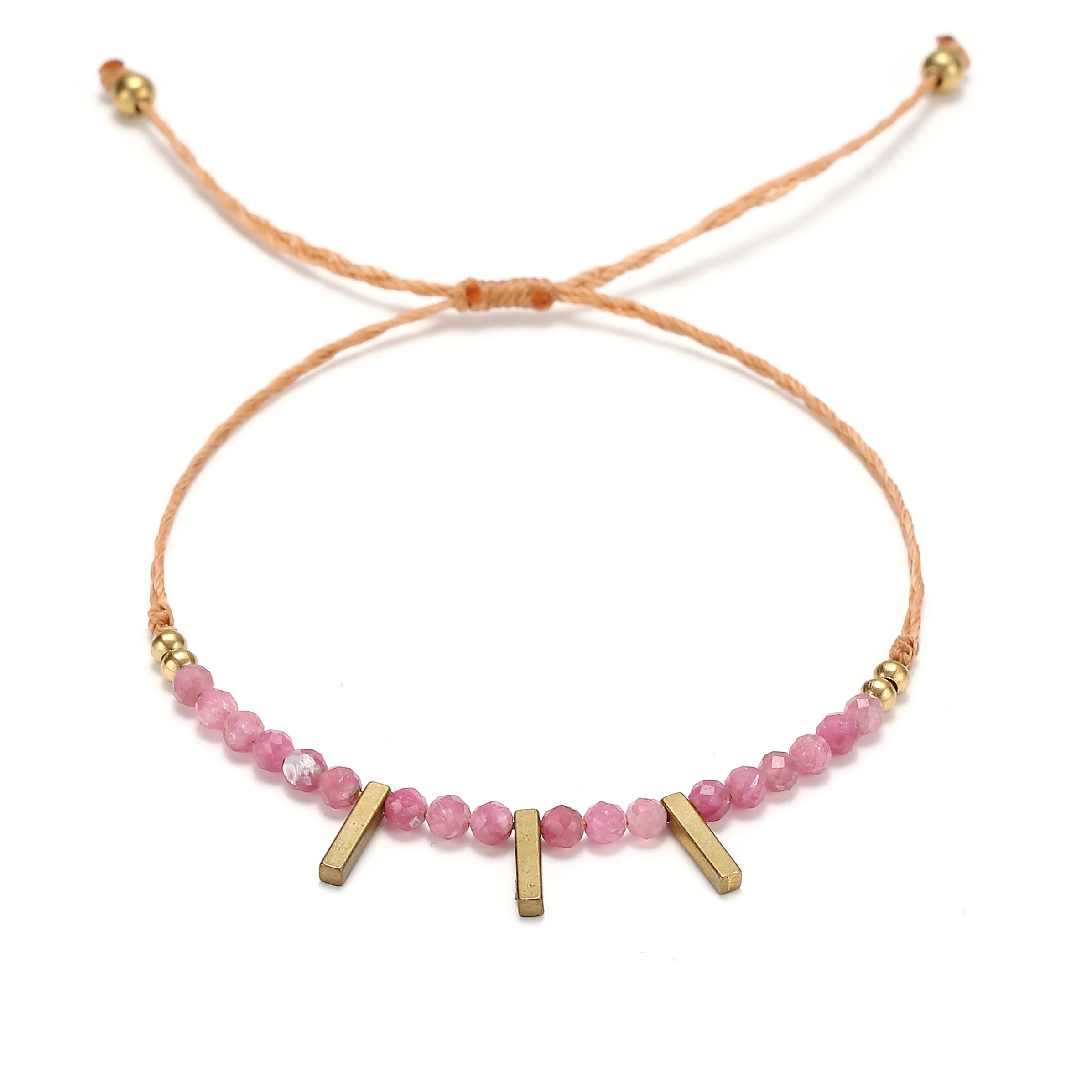 Handmade Female Copper Cube Beaded Bracelet Fashion Minimalist 3mm Faceted Pink Tourmaline Gemstone Trendy Wax Rope Gift
