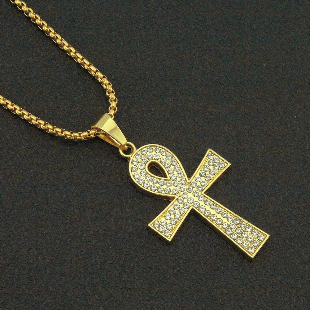 Egyptian Ankh Necklace Crystal Alloy Gold Plated Jewelry Hip Hop Rhinestone Ankh Pendant Necklace Jewelry for Sweater Necklaces