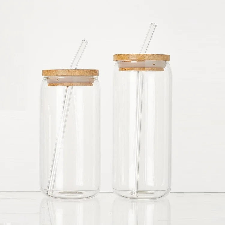 16oz 20oz Clear Beer Can Glass Sublimation Water Bottle Glass Jar With Bamboo Lid and Straws