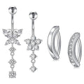 Three-Section Crystal Butterfly Navel Ring Long Dangle Flower Reversed Bar Stainless Steel Belly Button Jewelry for Party