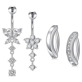 Three-Section Crystal Butterfly Navel Ring Long Dangle Flower Reversed Bar Stainless Steel Belly Button Jewelry for Party