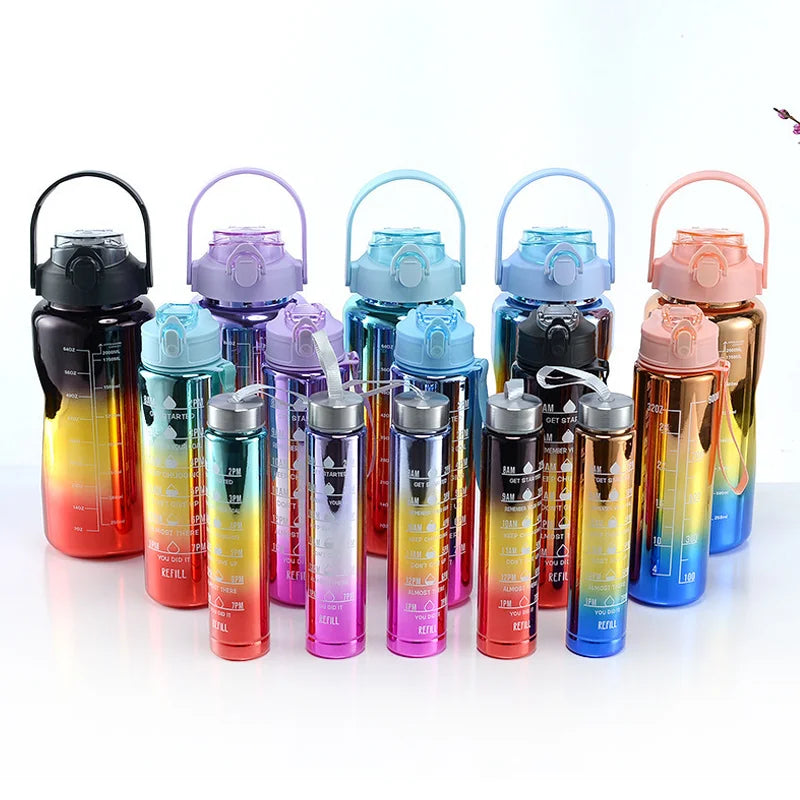 3 in 1 Gradient Electroplated Plastic Water Bottle with Straw