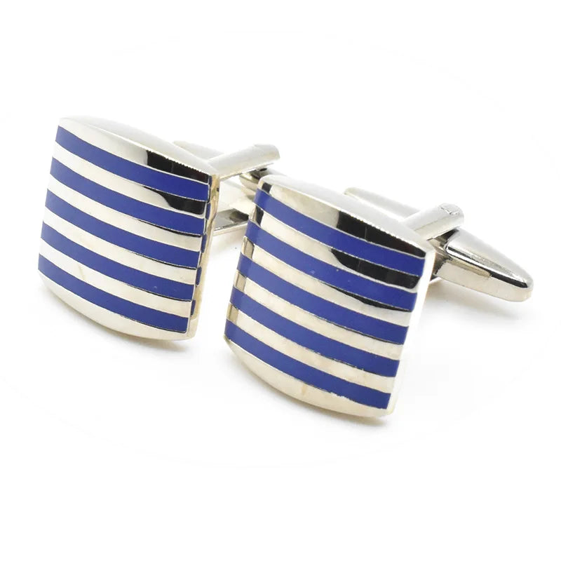 Wholesale Blue Strips Elegant Cufflinks Custom Mens Suit Shirt Fashion Accessory Wedding Tuxedo Trendy Jewelry Gift Set