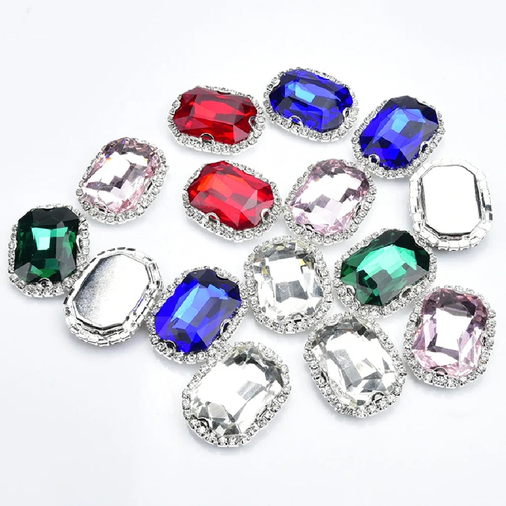 Glitter Crystal Button Rectangle Glass Sew on Rhinestones With Silver Claw Setting Flat Back Stones for Clothes Shoes Bags