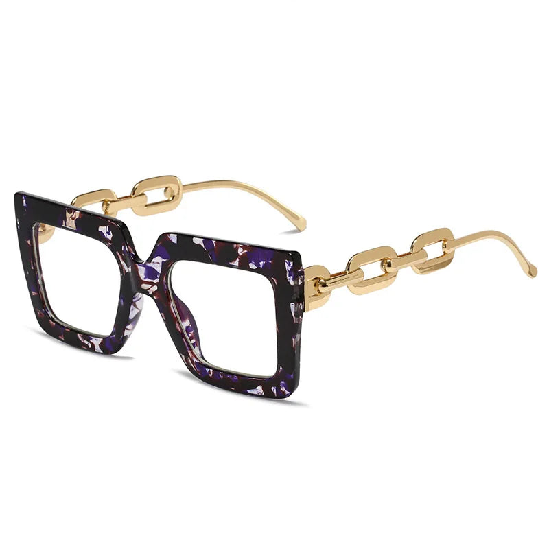 New Unique Chain Leg Eyeglasses Frame for Women Square Fashion Oversized Glasses Green Leopard Glasses