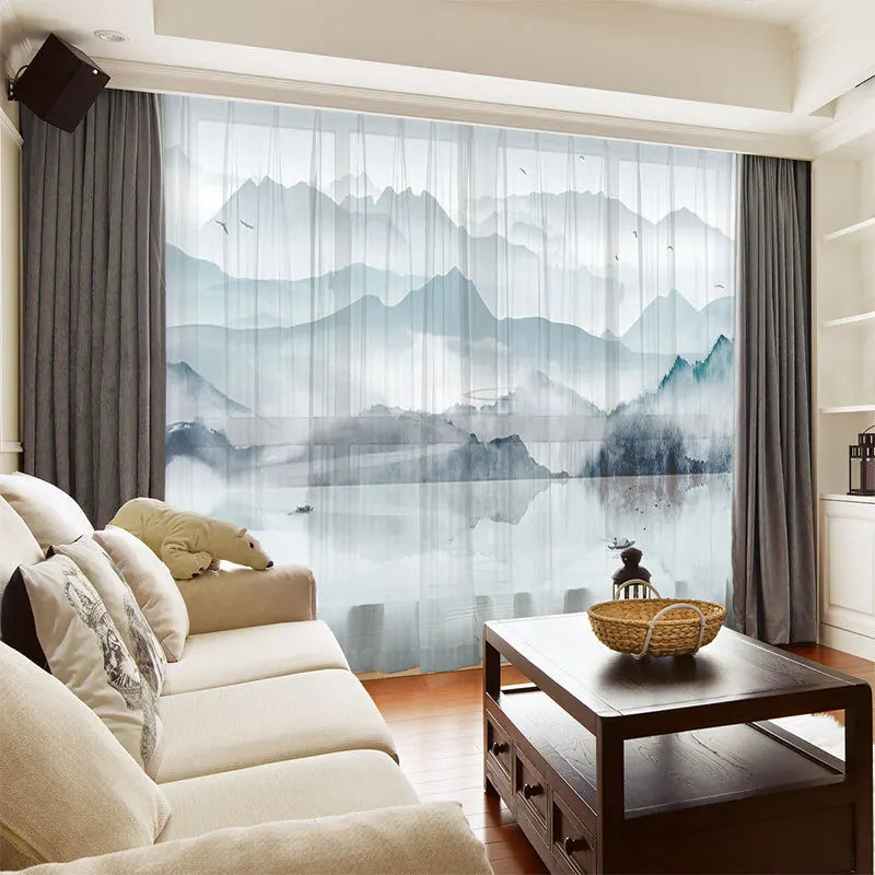 Chinese-Style Mountain Printed Sheer Curtain Poetry Ink  Digital Printed Sheer Curtain for Living Room and Sitting Room