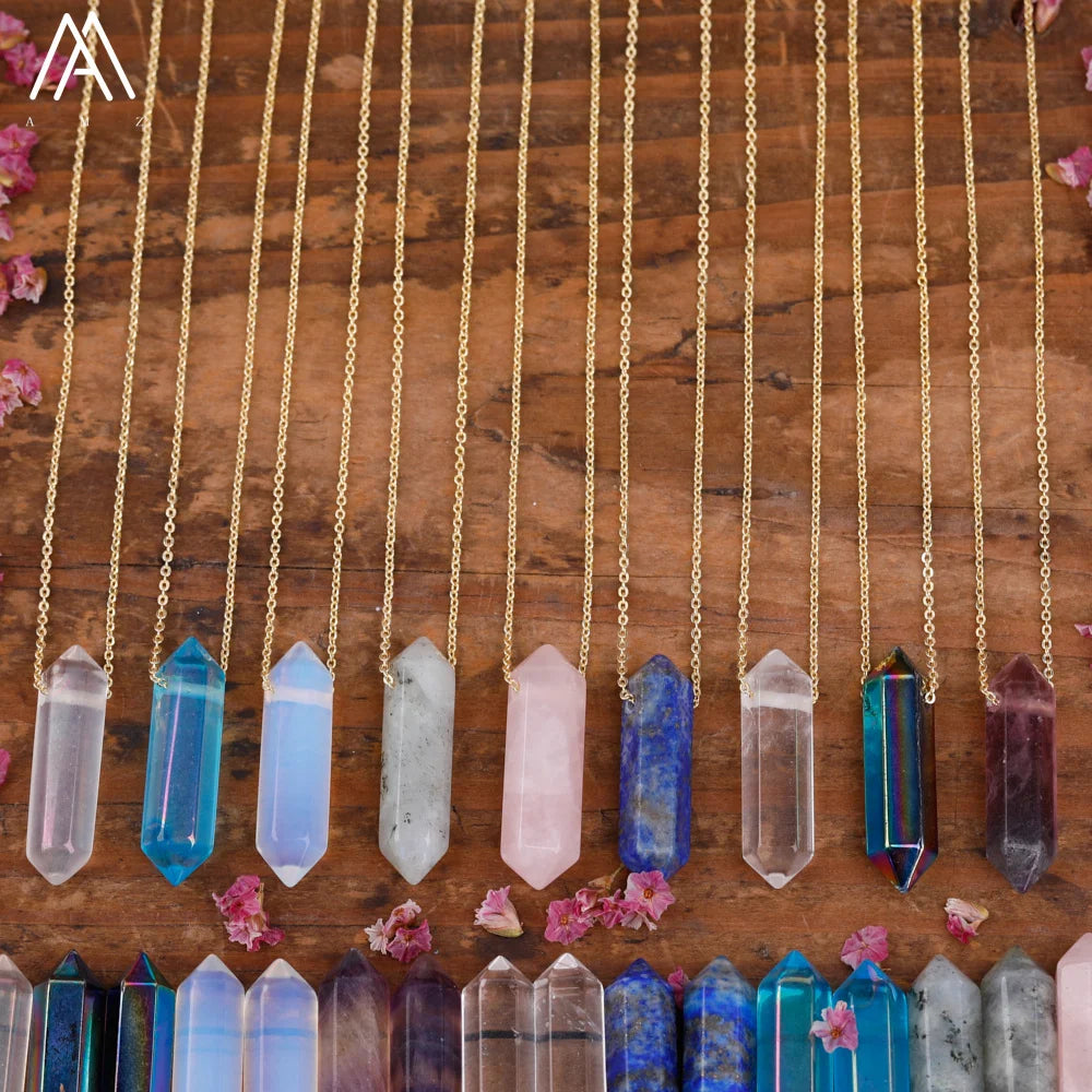 Gold Plated Crystal Point Healing Chakra Reiki Pendant Necklace Natural Stone Hexagon Double Stick for Weddings and Parties