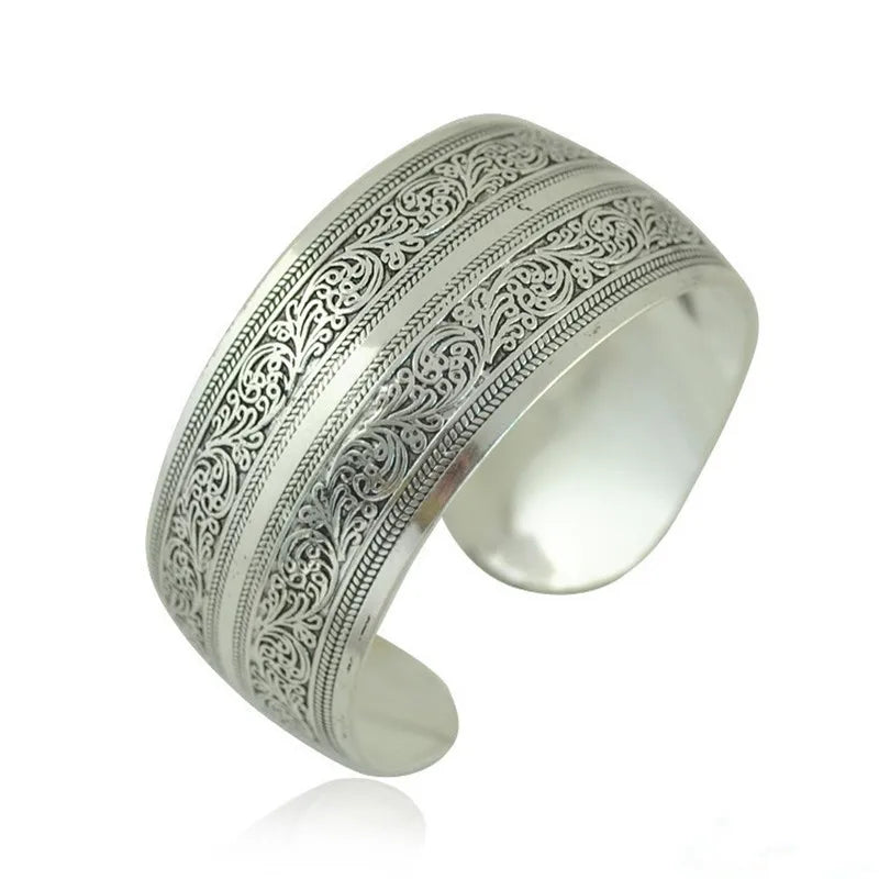 Tibetan Silver Carved Spiral Flower Connecting Branches Pattern Wide Band Open Cuff Bracelet Bangle Thick Boho Flower Bracelet
