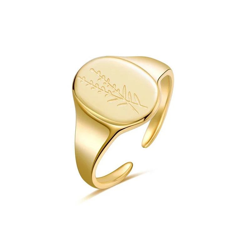 Hot Selling Products Gold Plated Grass Signet Stainless Steel Adjustable Ring
