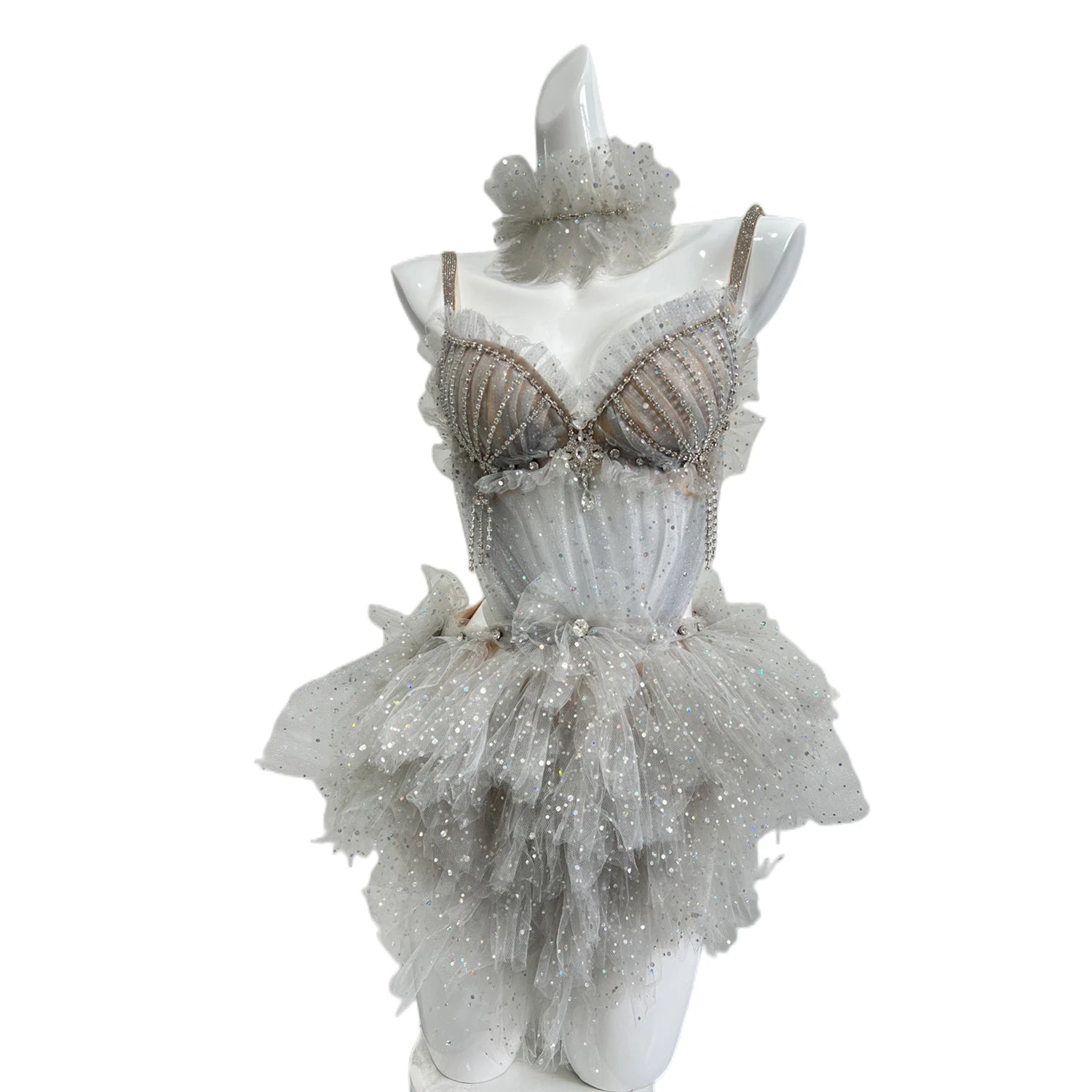 Sexy Club Bikini Rhinestone Mesh Princess Bikini Sets Women Bra Tutu Skirts Stage Performance Costume Exotic Stripper Dancewear