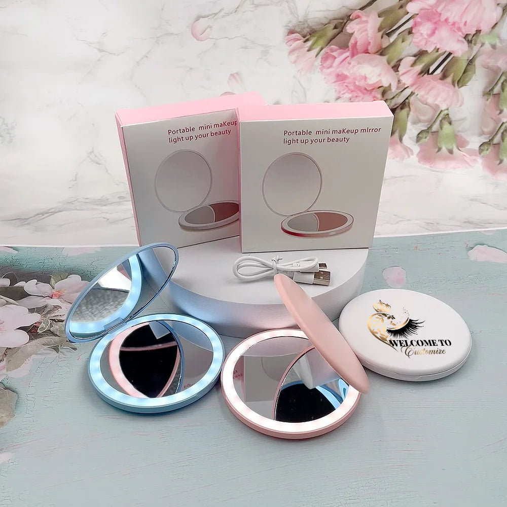 Usb Rechargeable Portable Travel Handheld Pocket  Foldable Led Light Fold Portable Travel Led Make up  Compact Mirror